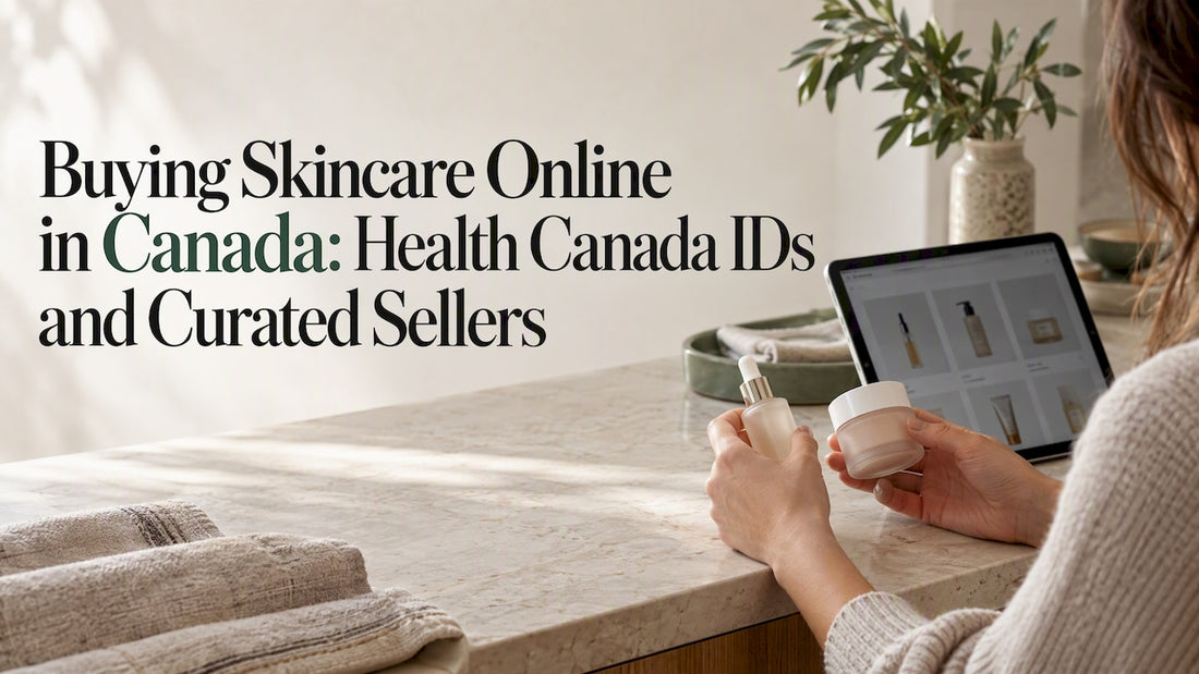 Skincare containers beside an online shopping tablet