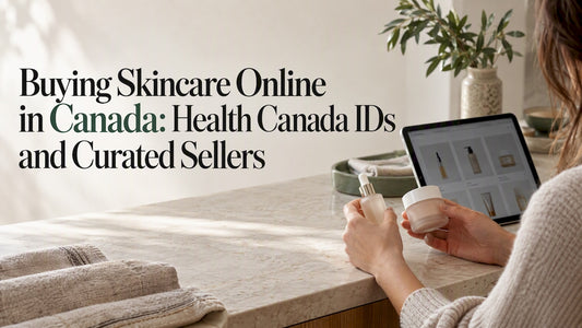 Skincare containers beside an online shopping tablet