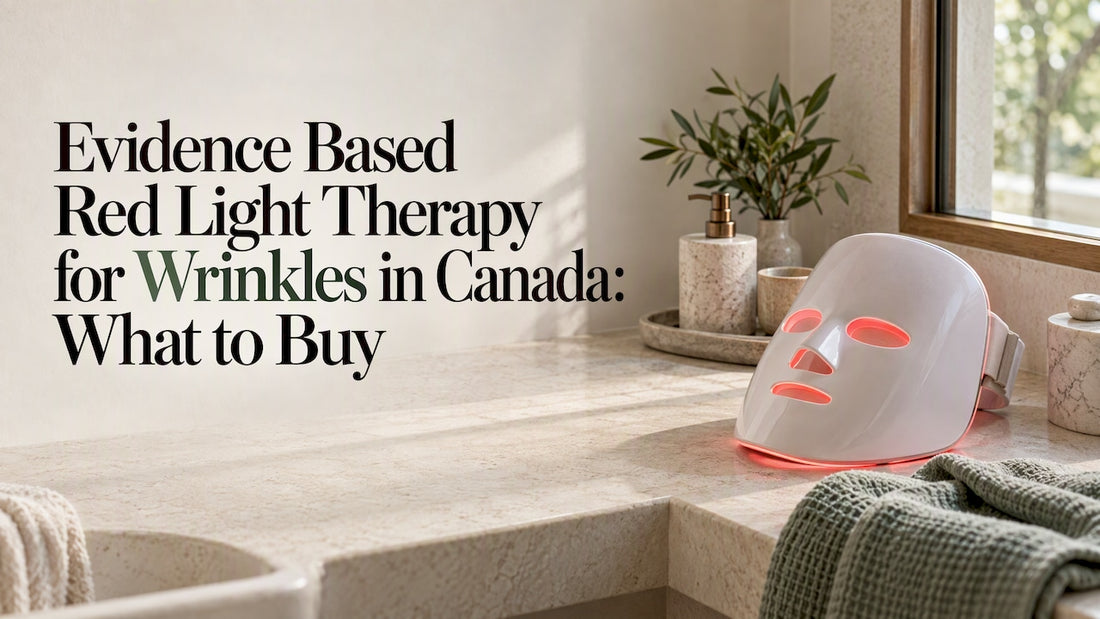 LED red light therapy mask on stone vanity