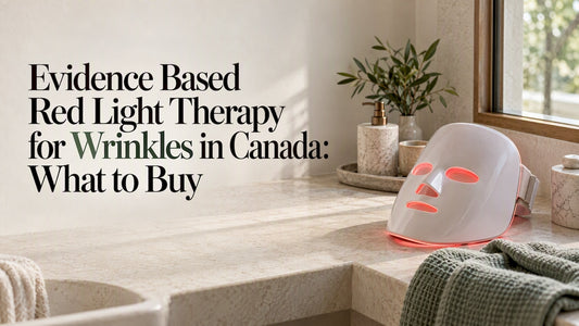LED red light therapy mask on stone vanity